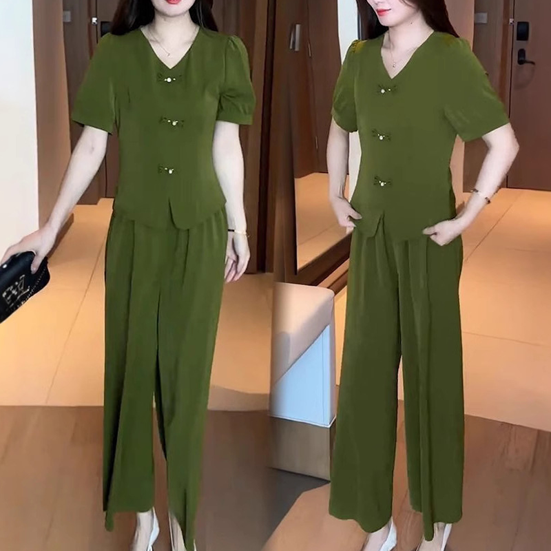 💥Kurzärmeliges Oberteil mit V-Ausschnitt und passende Hose mit weitem Bein - 2-teiliges Set für Frauen