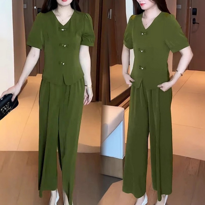 💥Kurzärmeliges Oberteil mit V-Ausschnitt und passende Hose mit weitem Bein - 2-teiliges Set für Frauen