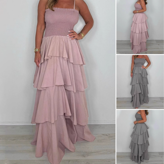 🥰Einfarbiges Kleid mit Spaghettiträgern und gestuftem Rock