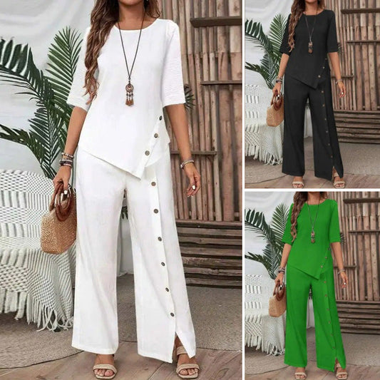 🌸Zweiteiliges Damen-Set aus Top mit asymmetrischem Saum und Hose mit weitem Bein