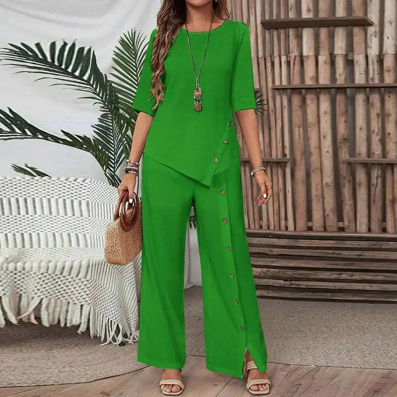 🌸Zweiteiliges Damen-Set aus Top mit asymmetrischem Saum und Hose mit weitem Bein