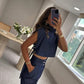 Trendy Fashion Outfits für Damen mit kurzem Oberteil mit hohem Halsausschnitt und 3/4-langer Hose mit hoher Taille