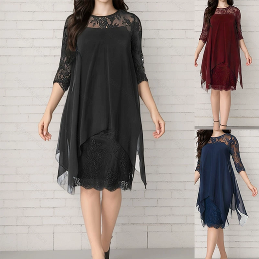 💕Damen elegantes Kleid mit Spitzenüberzug und asymmetrischem Saum