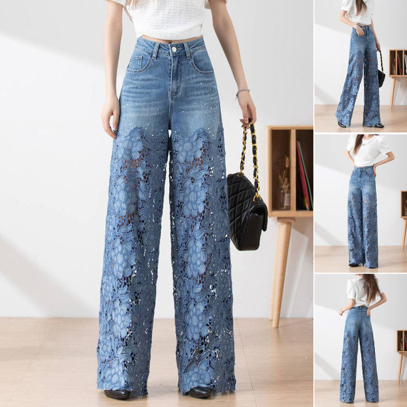 🌸 50% Rabatt auf neue Produkte 💖Damen blaue hochtaillierte Jeans mit weitem Bein, Lochmuster und Spitzeneinsätzen