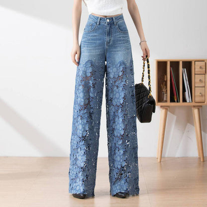 🌸 50% Rabatt auf neue Produkte 💖Damen blaue hochtaillierte Jeans mit weitem Bein, Lochmuster und Spitzeneinsätzen
