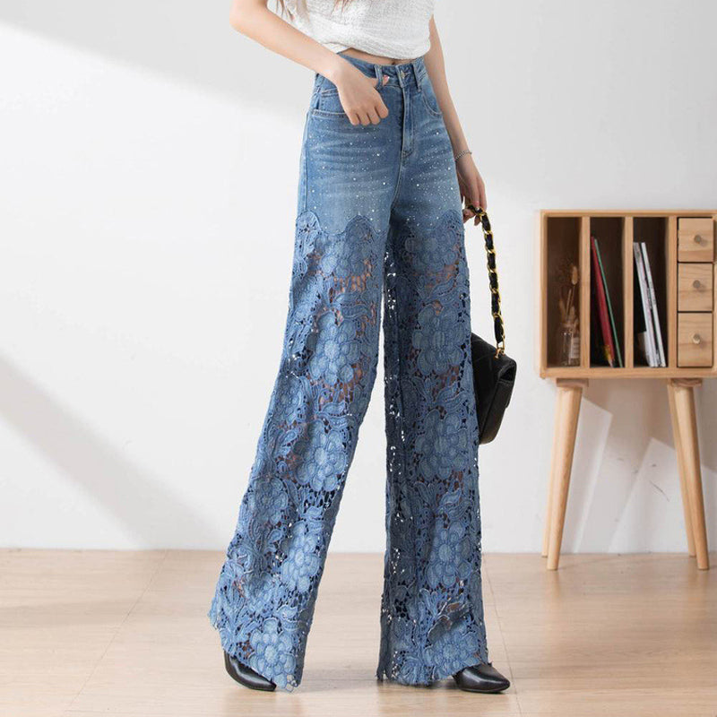 🌸 50% Rabatt auf neue Produkte 💖Damen blaue hochtaillierte Jeans mit weitem Bein, Lochmuster und Spitzeneinsätzen