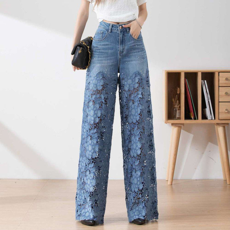 🌸 50% Rabatt auf neue Produkte 💖Damen blaue hochtaillierte Jeans mit weitem Bein, Lochmuster und Spitzeneinsätzen