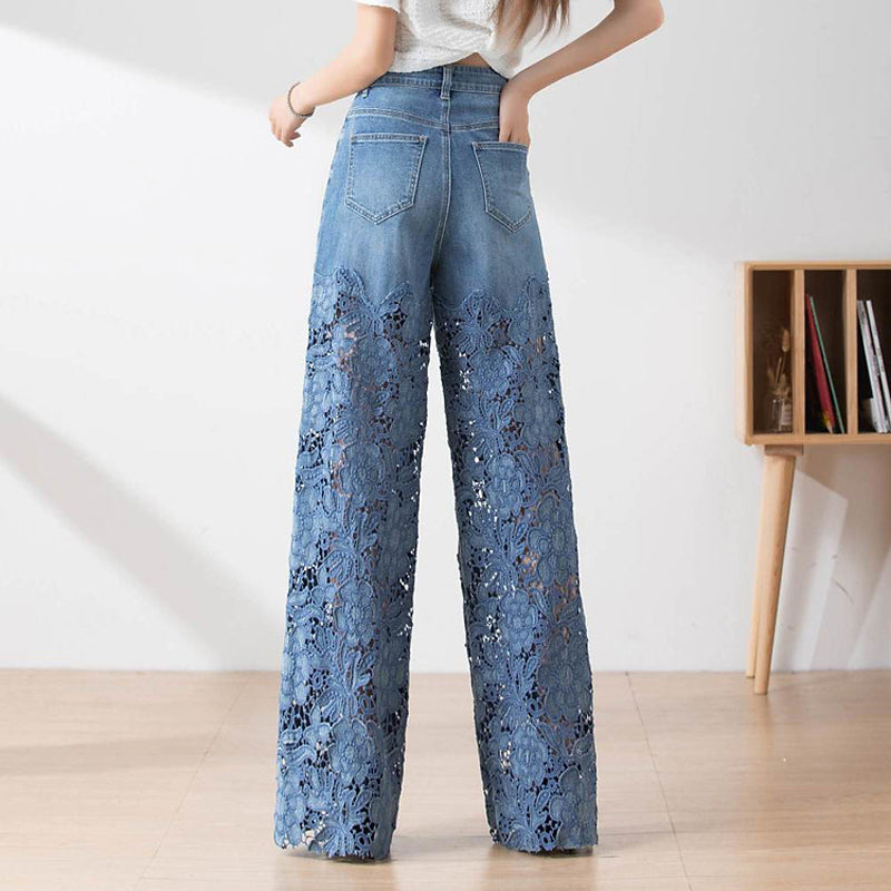 🌸 50% Rabatt auf neue Produkte 💖Damen blaue hochtaillierte Jeans mit weitem Bein, Lochmuster und Spitzeneinsätzen