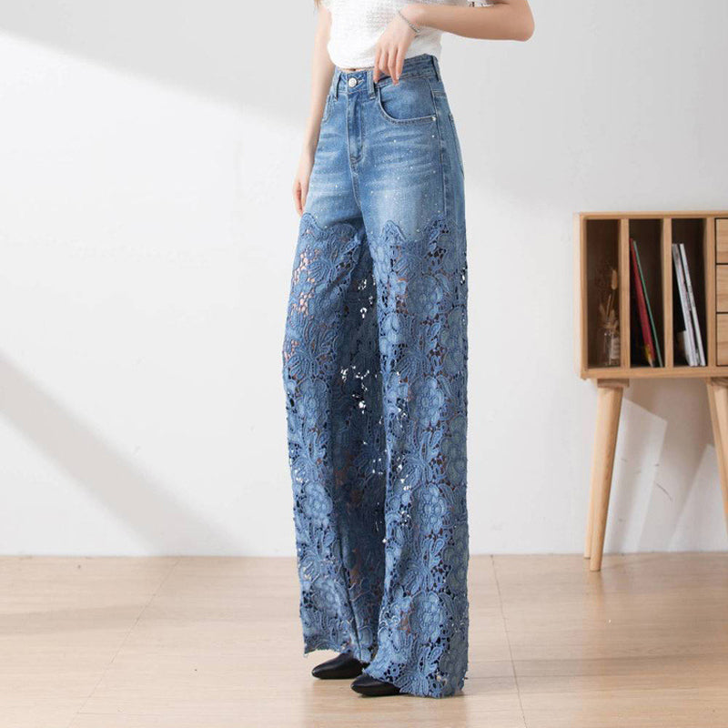 🌸 50% Rabatt auf neue Produkte 💖Damen blaue hochtaillierte Jeans mit weitem Bein, Lochmuster und Spitzeneinsätzen