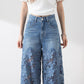 🌸 50% Rabatt auf neue Produkte 💖Damen blaue hochtaillierte Jeans mit weitem Bein, Lochmuster und Spitzeneinsätzen