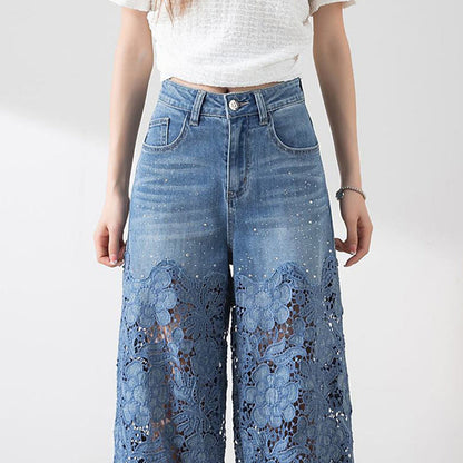🌸 50% Rabatt auf neue Produkte 💖Damen blaue hochtaillierte Jeans mit weitem Bein, Lochmuster und Spitzeneinsätzen
