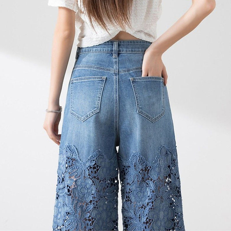 🌸 50% Rabatt auf neue Produkte 💖Damen blaue hochtaillierte Jeans mit weitem Bein, Lochmuster und Spitzeneinsätzen