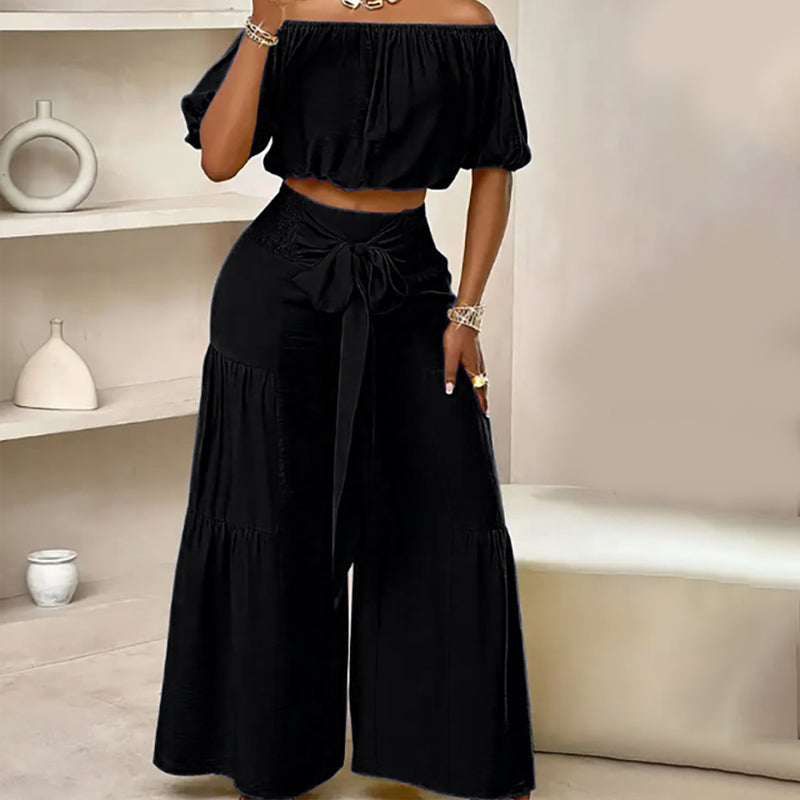 💎 -57% AUF DAS 2-TEILIGE SET! 💎 Schulterfreies Top mit Puffärmeln & Weite Hose – Elegant & Bequem für Warme Tage