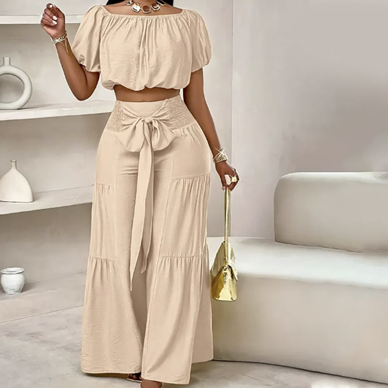 💎 -57% AUF DAS 2-TEILIGE SET! 💎 Schulterfreies Top mit Puffärmeln & Weite Hose – Elegant & Bequem für Warme Tage