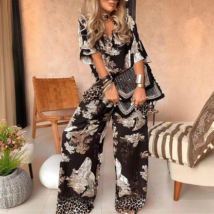 🍁Neuheit Sommer 2026: 50% Rabatt✨Damen-Set mit Print: Top mit V-Ausschnitt & lange Hose