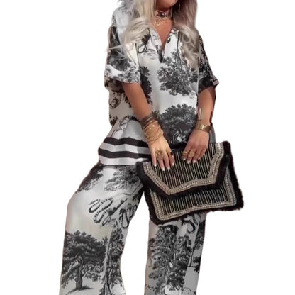 🍁Neuheit Sommer 2026: 50% Rabatt✨Damen-Set mit Print: Top mit V-Ausschnitt & lange Hose
