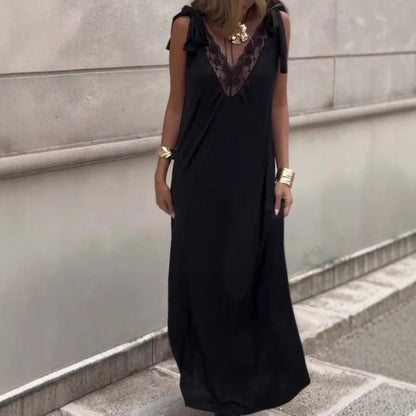 Damen Spitze V-Ausschnitt Ärmelloses Maxikleid