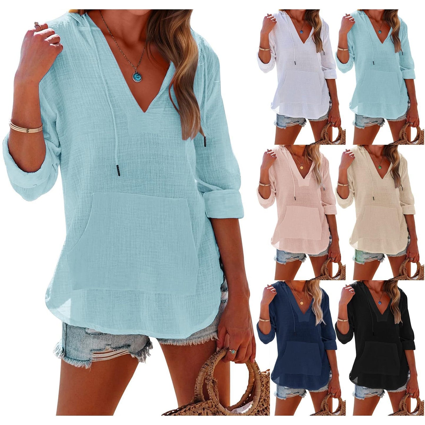 ⏰Zeitlich begrenzter Verkauf 50% RABATT🏖️Übergroßes Strandkleid mit Kapuze für Damen – Langärmliges Hemd mit V-Ausschnitt und Tasche