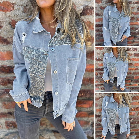 Modische Patchwork-Jeansjacke mit Leopardenmuster
