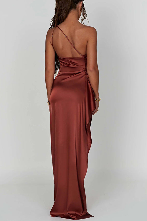 🌟50% Rabatt⏰ Satinkleid in Maxilänge mit Schlitz und Drapierung, One-Shoulder-Design