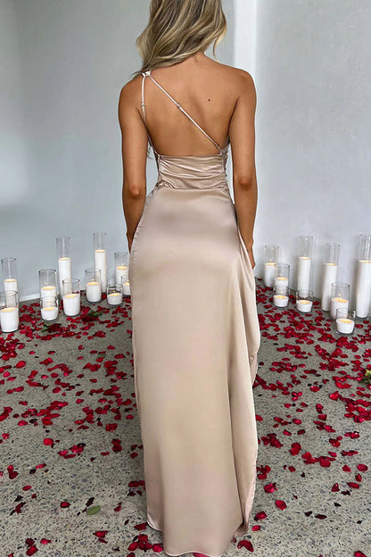 🌟50% Rabatt⏰ Satinkleid in Maxilänge mit Schlitz und Drapierung, One-Shoulder-Design