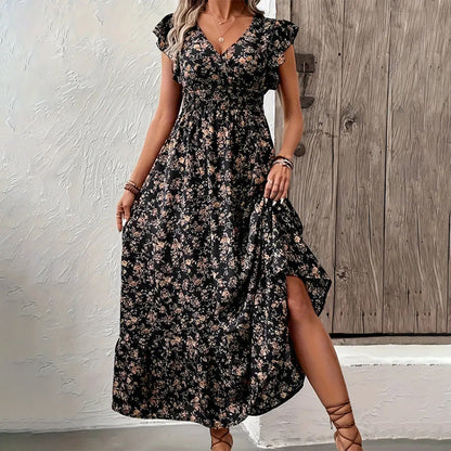 Fließendes Maxikleid mit V-Ausschnitt und Blumenmuster