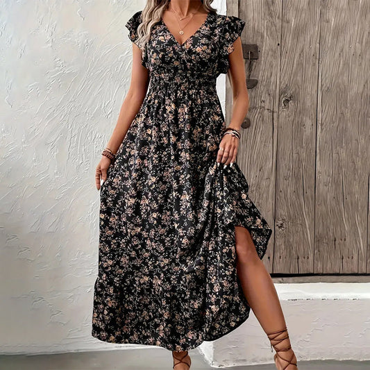 Fließendes Maxikleid mit V-Ausschnitt und Blumenmuster