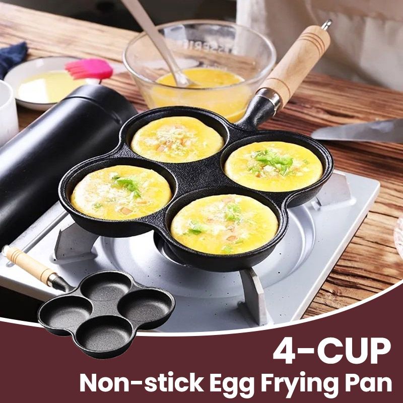 🍳🔥 4-Tassen-Eier-Bratpfanne aus Gusseisen – Antihaftbeschichtung für perfektes Wenden & langlebige Qualität!