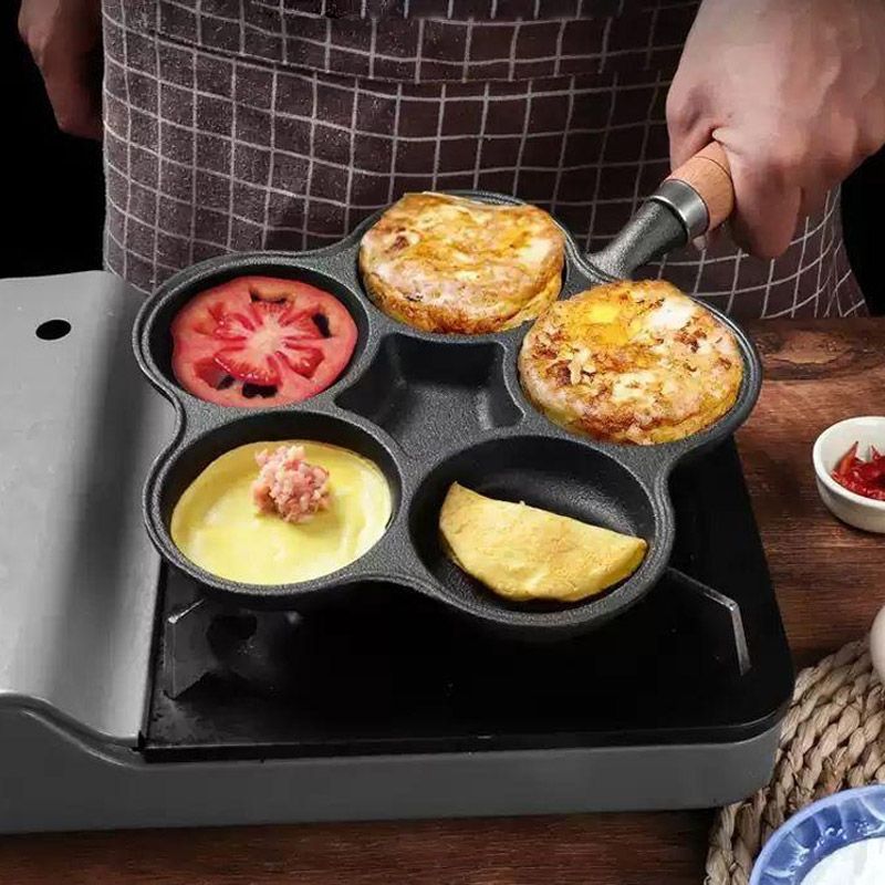🍳🔥 4-Tassen-Eier-Bratpfanne aus Gusseisen – Antihaftbeschichtung für perfektes Wenden & langlebige Qualität!