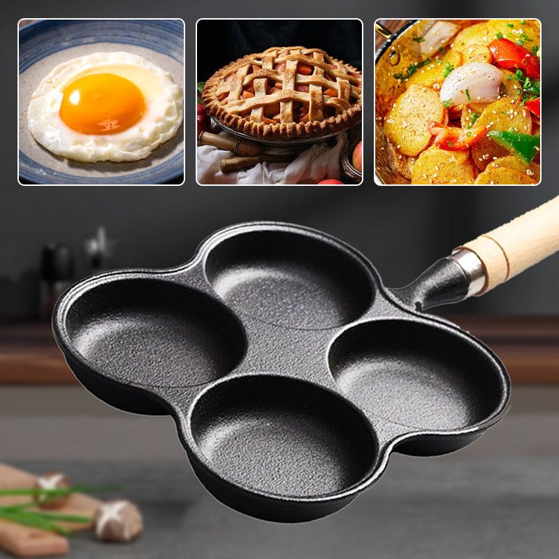 🍳🔥 4-Tassen-Eier-Bratpfanne aus Gusseisen – Antihaftbeschichtung für perfektes Wenden & langlebige Qualität!