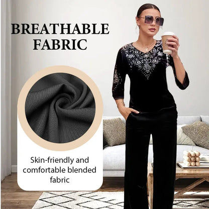 👗✨ Elegantes 2-teiliges Samt-Set mit Kristallverzierungen | Perfekt für Büro, Abendessen & Feiern | Atmungsaktiv & Bequem | In Übergrößen XL-4XL verfügbar 👗💎