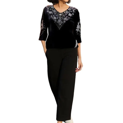 👗✨ Elegantes 2-teiliges Samt-Set mit Kristallverzierungen | Perfekt für Büro, Abendessen & Feiern | Atmungsaktiv & Bequem | In Übergrößen XL-4XL verfügbar 👗💎