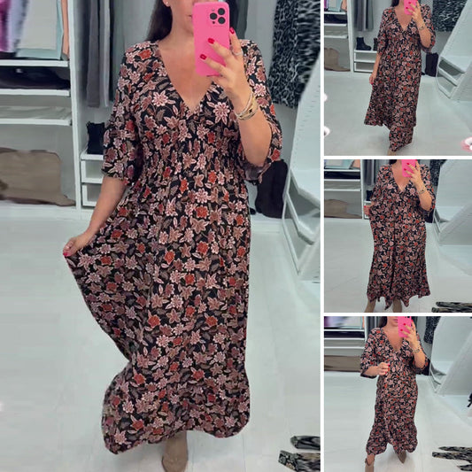 Maxikleid mit V-Ausschnitt und 3/4-Ärmeln