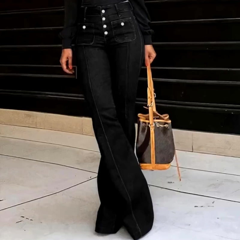 🔥Solange der Vorrat reicht 40 % Rabatt!🎉High-Waist Jeans mit Knopfleiste – Figurbetonte Schlaghose für Damen 👖✨