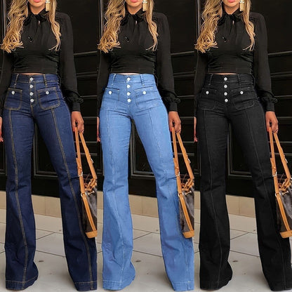 🔥Solange der Vorrat reicht 40 % Rabatt!🎉High-Waist Jeans mit Knopfleiste – Figurbetonte Schlaghose für Damen 👖✨