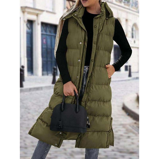 🔥Solange der Vorrat reicht 40 % Rabatt!🎉Lange Pufferweste für Damen | Gesteppte Kapuze und Knopfverschluss❄️