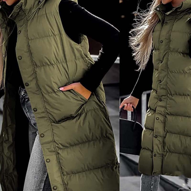 🔥Solange der Vorrat reicht 40 % Rabatt!🎉Lange Pufferweste für Damen | Gesteppte Kapuze und Knopfverschluss❄️