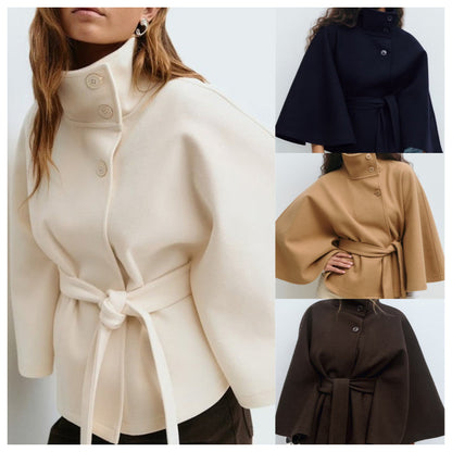 🔥Solange der Vorrat reicht 40 % Rabatt!🎉Damen Mantel im Cape-Stil mit Stehkragen und Gürtel