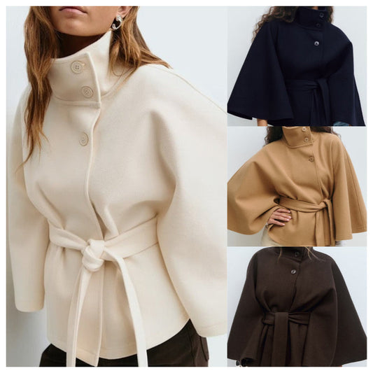 🔥Solange der Vorrat reicht 40 % Rabatt!🎉Damen Mantel im Cape-Stil mit Stehkragen und Gürtel