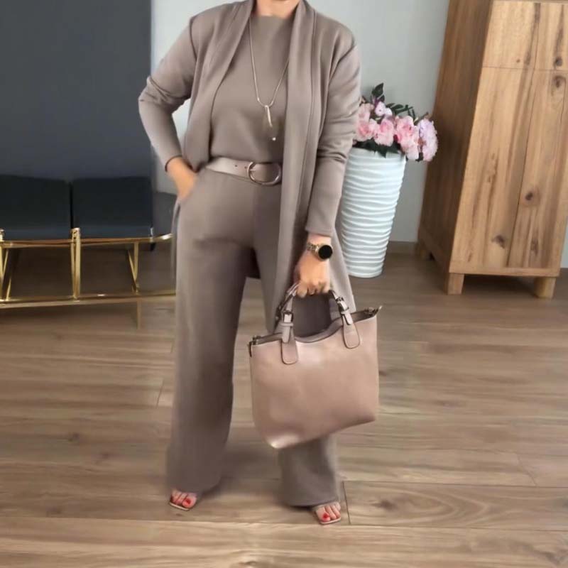 🔥Solange der Vorrat reicht 40 % Rabatt!🎉Elegantes 3-teiliges Set: Langer Cardigan, Oberteil und Hose