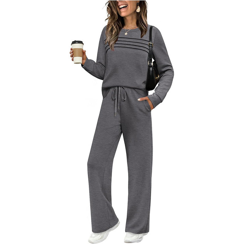 🔥LETZTER TAG 50 % RABATT💓Set aus Damen-Oberteil mit Rundhalsausschnitt und Hose mit Kordelzug💯