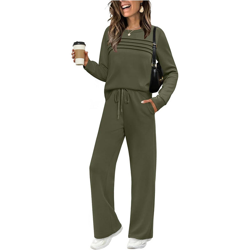 🔥LETZTER TAG 50 % RABATT💓Set aus Damen-Oberteil mit Rundhalsausschnitt und Hose mit Kordelzug💯