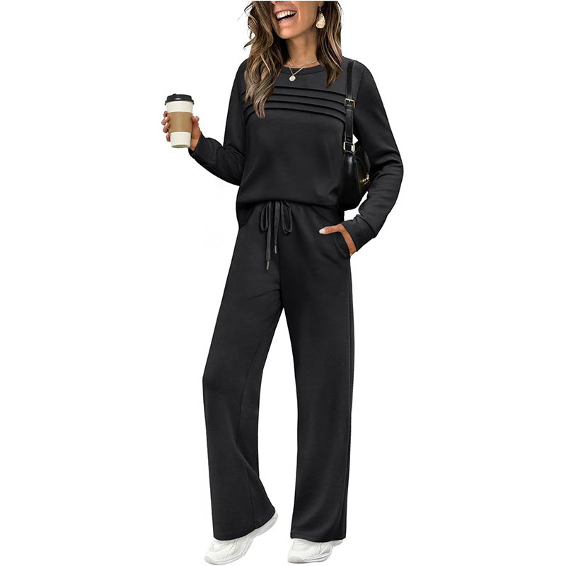 🔥LETZTER TAG 50 % RABATT💓Set aus Damen-Oberteil mit Rundhalsausschnitt und Hose mit Kordelzug💯