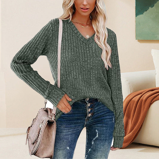 🔥Solange der Vorrat reicht 40 % Rabatt!🎉Damen-Pullover mit V-Ausschnitt und langen Ärmeln in Uni-Farbe