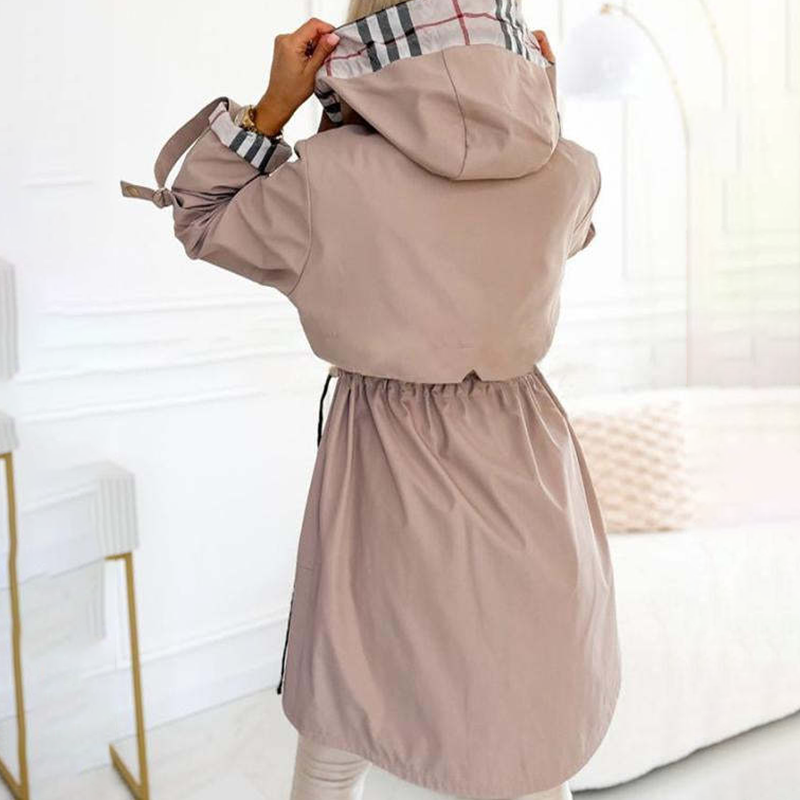 Long Hooded Drawstring Waist-Cinching Zipper Windbreaker