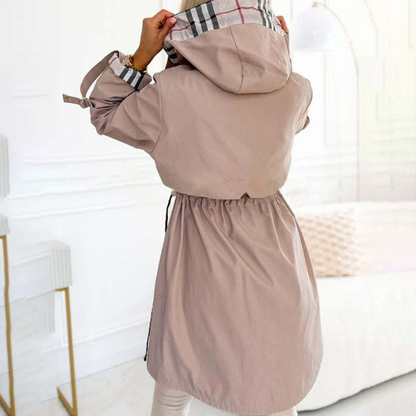Long Hooded Drawstring Waist-Cinching Zipper Windbreaker