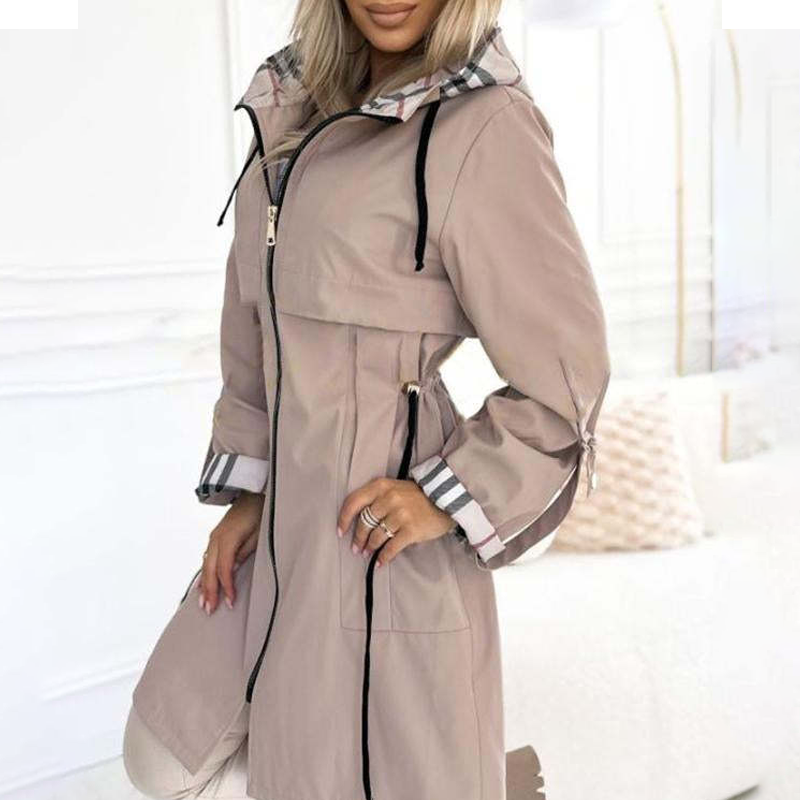 Long Hooded Drawstring Waist-Cinching Zipper Windbreaker