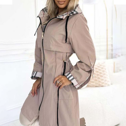 Long Hooded Drawstring Waist-Cinching Zipper Windbreaker