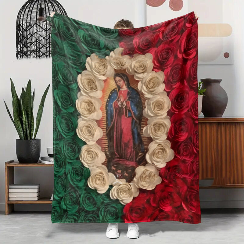 🔥Solange der Vorrat reicht 40 % Rabatt!🌷Flanell-Decke mit Jungfrau Maria und Rosen