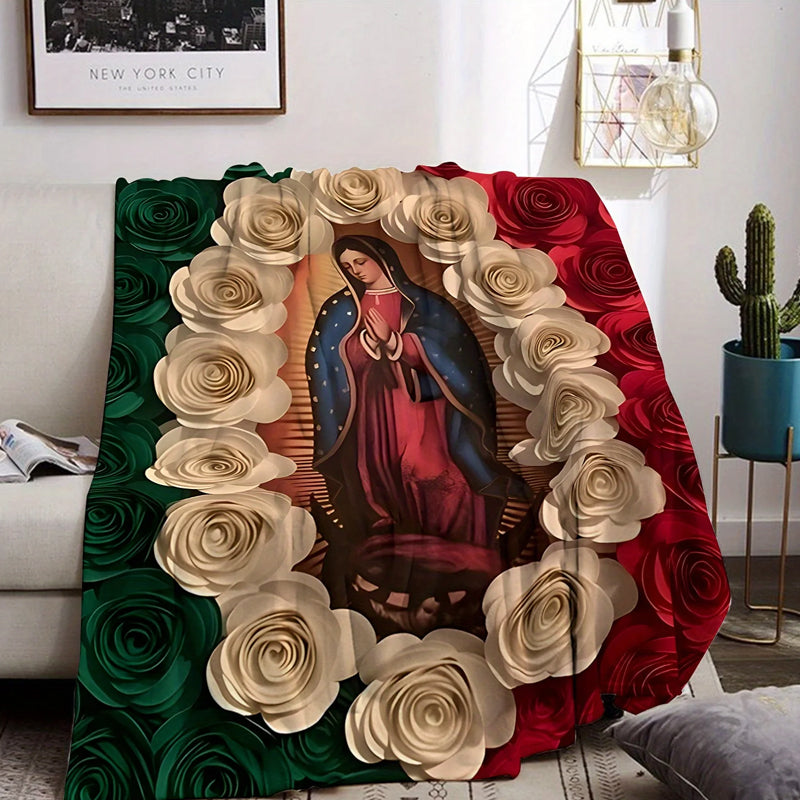 🔥Solange der Vorrat reicht 40 % Rabatt!🌷Flanell-Decke mit Jungfrau Maria und Rosen